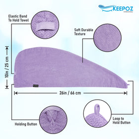 KEEPOZ hair towel wrap on head, demonstrates secure button closure for hands-free styling