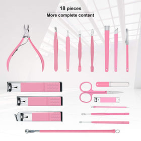 Gift-ready pink manicure kit with premium stainless steel tools.