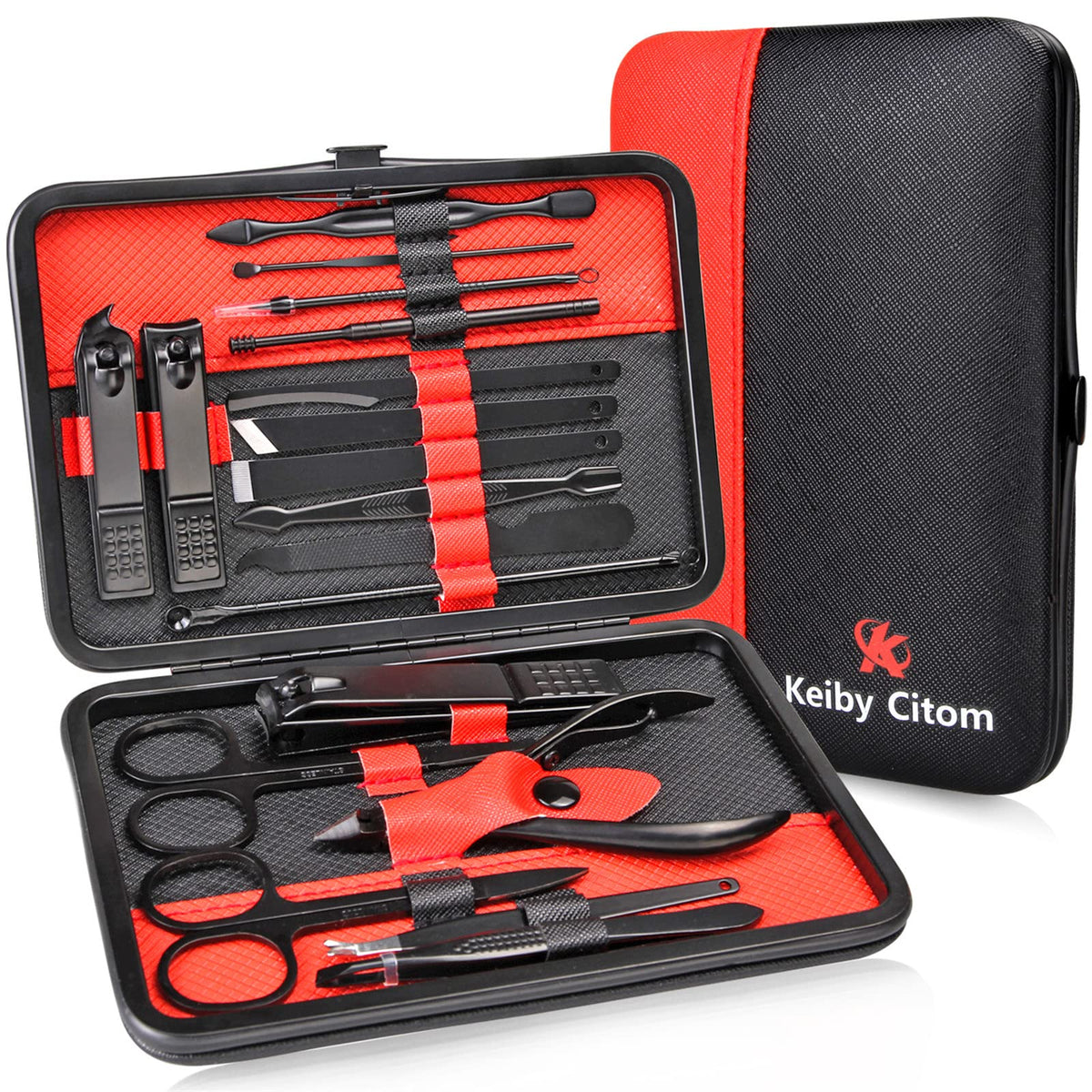 Keiby Citom manicure set with black tools and pink leather case for stylish travel grooming.