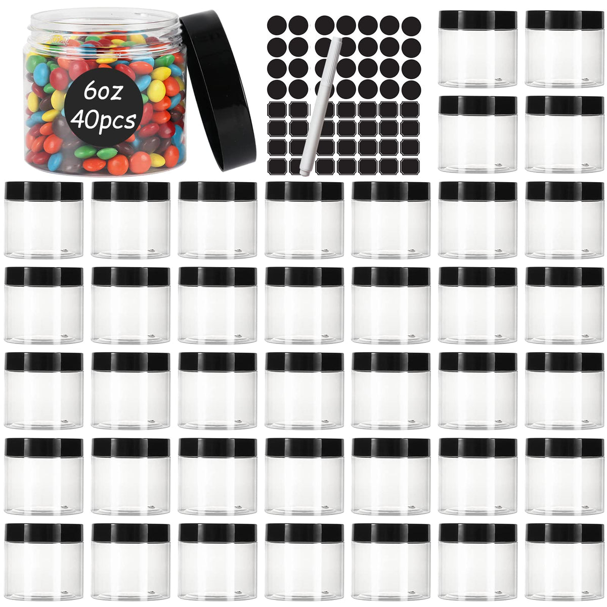 Keketin 40-pack round clear jars with 6oz capacity for organized spice storage.