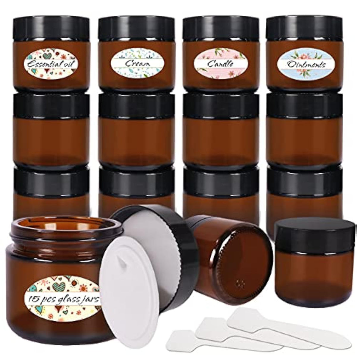 Keketin amber glass jar with black lid protects contents from light.