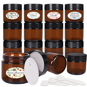 Keketin amber glass jar with black lid protects contents from light.