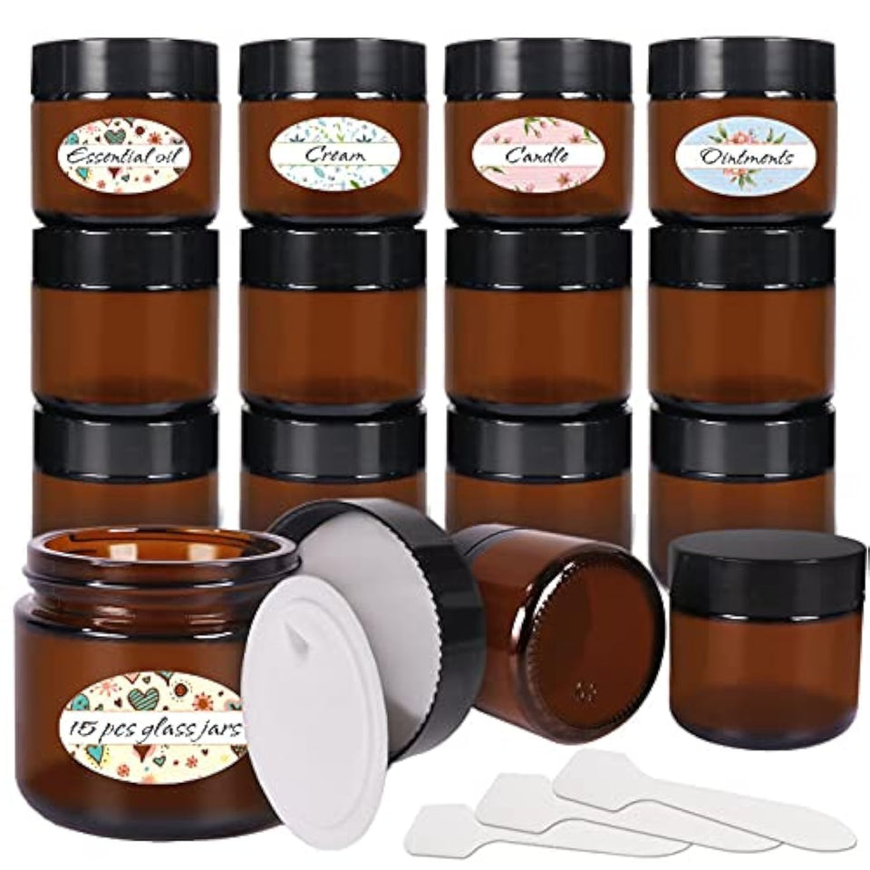 Keketin amber glass jar with black lid protects contents from light.