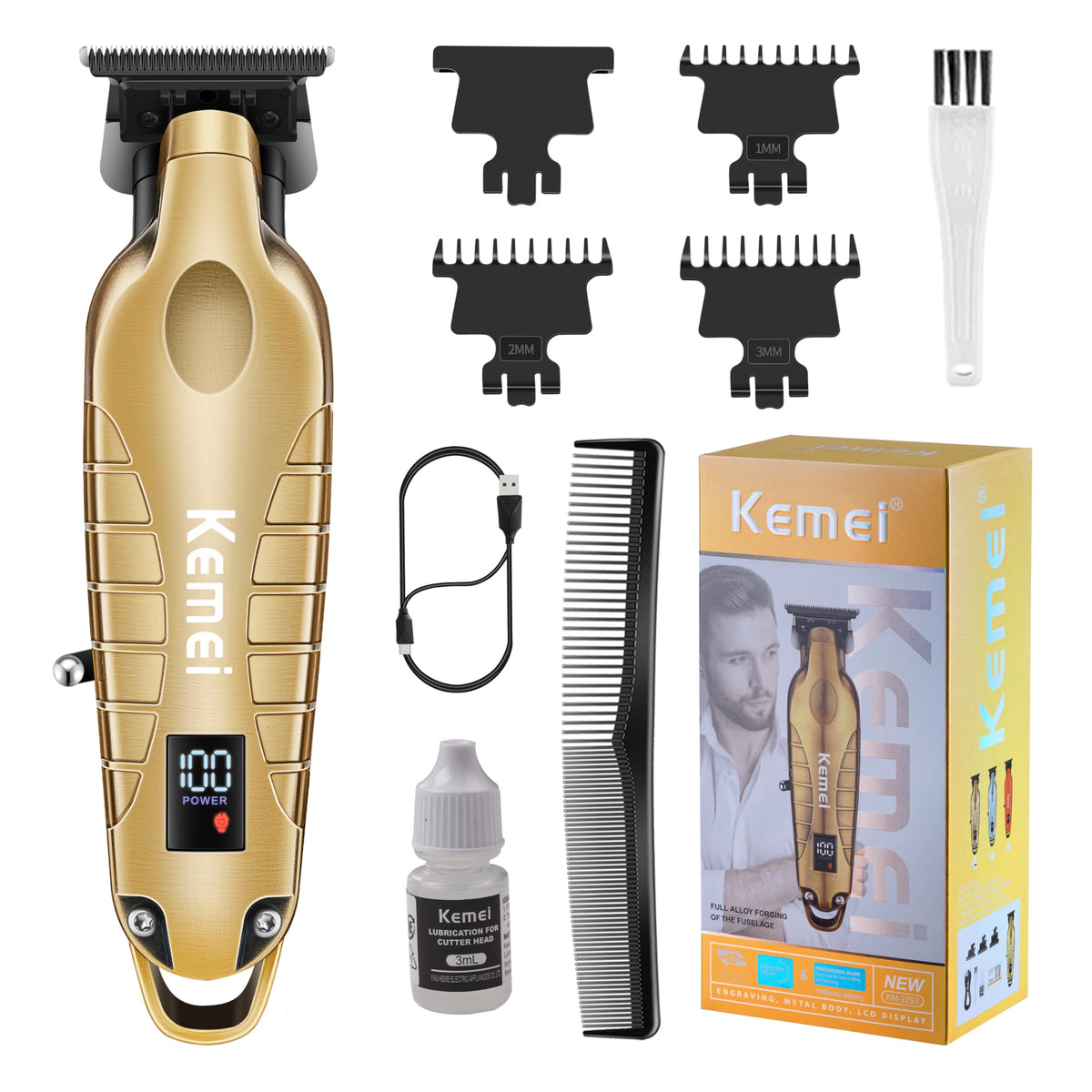 KEMEI 2293 professional hair trimmer front view with ergonomic design for comfortable use.