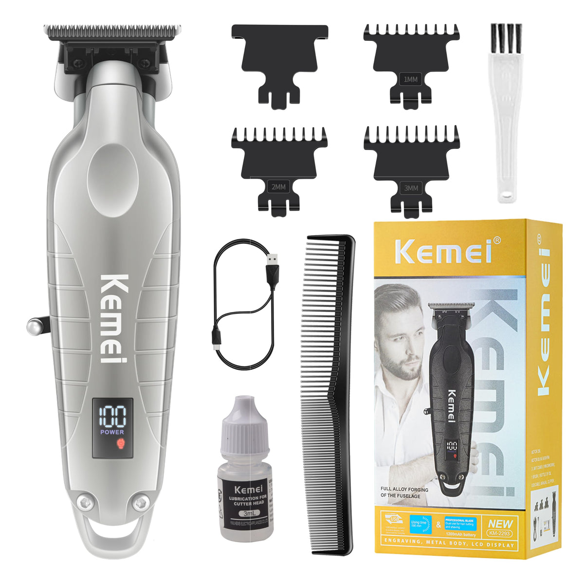 KEMEI 2293 trimmer front view in silver for precise grooming at home or in the shop.