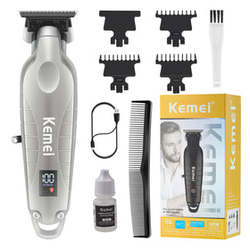 KEMEI 2293 trimmer front view in silver for precise grooming at home or in the shop.