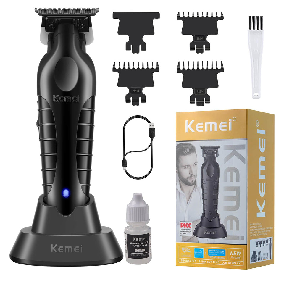 KEMEI 2299 hair trimmer on charging dock for quick power up and easy access