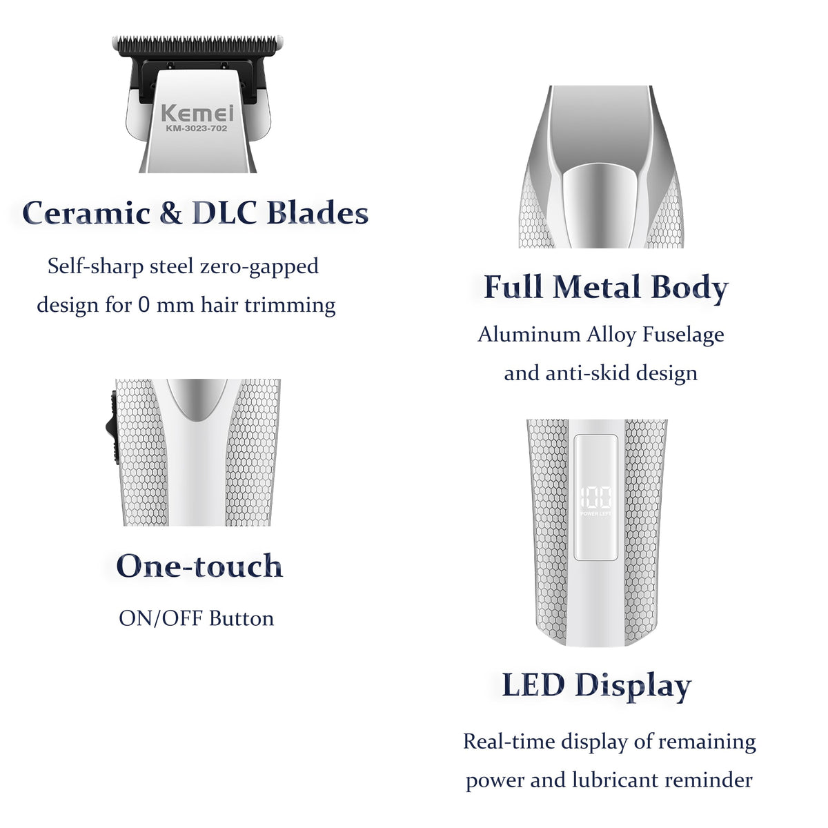 KEMEI 3023-702 LED display shows battery and status.
