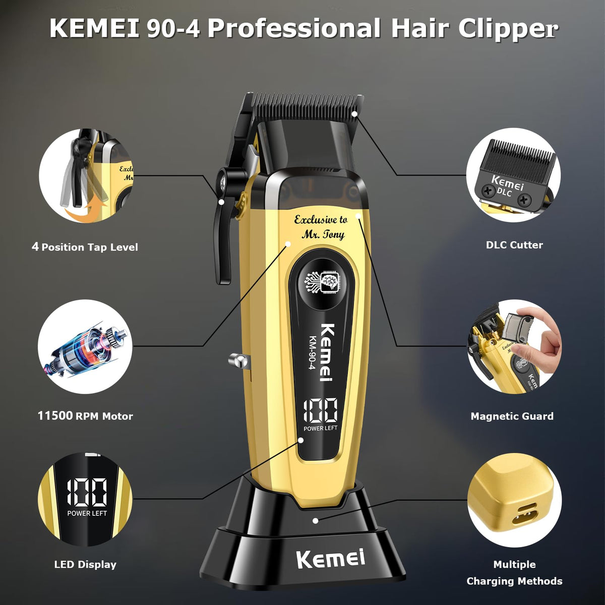 KEMEI 90-4 2000 mAh battery for long cordless sessions.