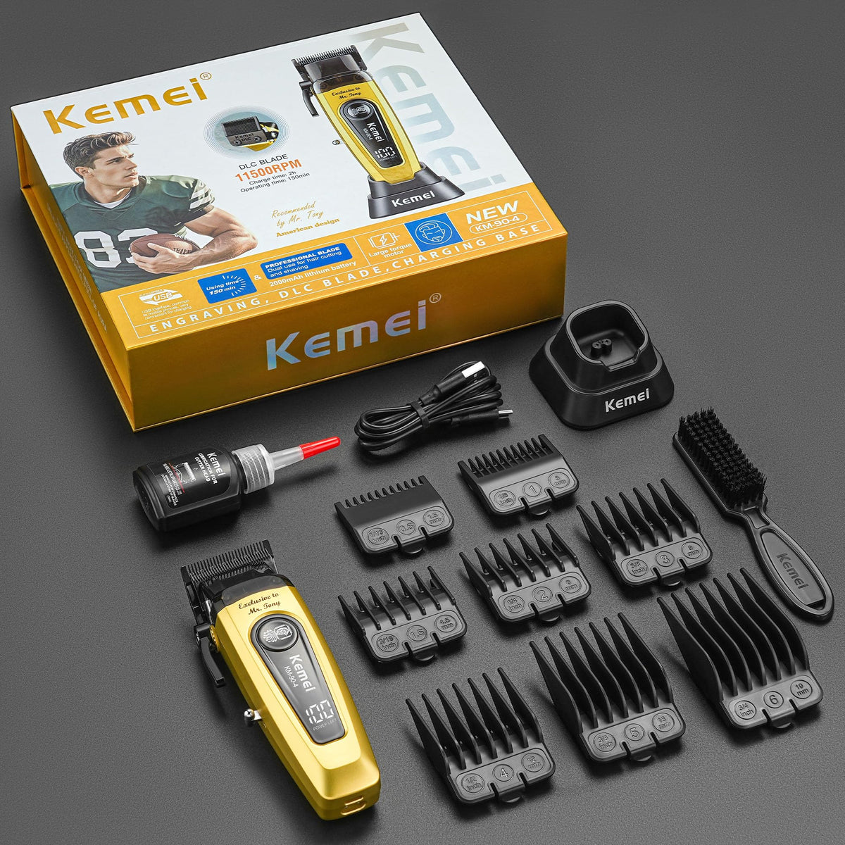 KEMEI 90-4 eight guide combs for versatile length options.