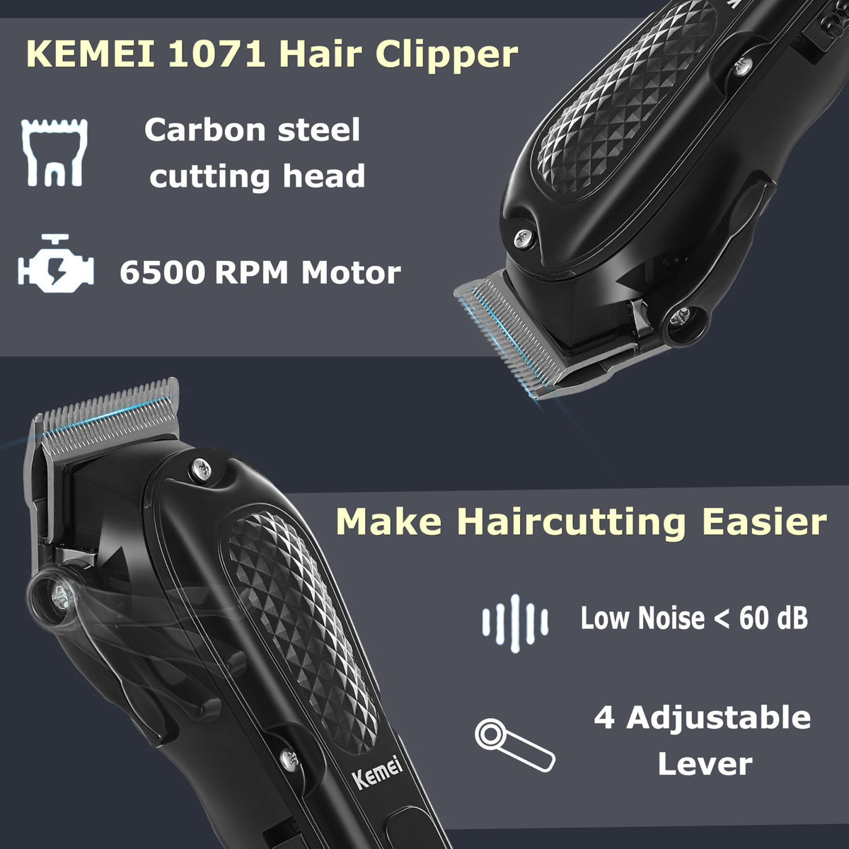KEMEI clipper close-up showing a powerful 6500 RPM motor for smooth cuts.