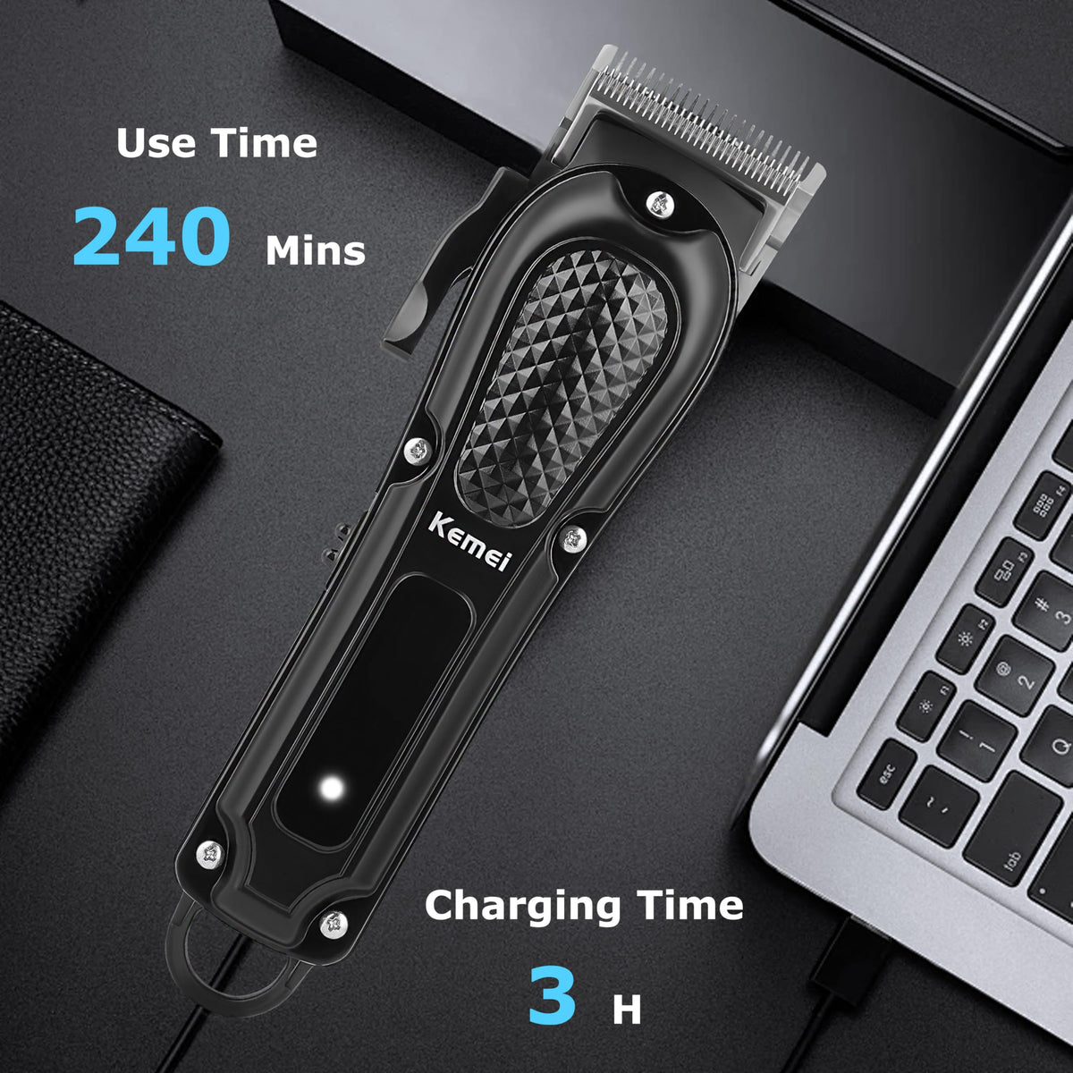 KEMEI clipper in dual-mode use, corded and cordless for any setting.