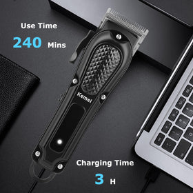 KEMEI clipper in dual-mode use, corded and cordless for any setting.