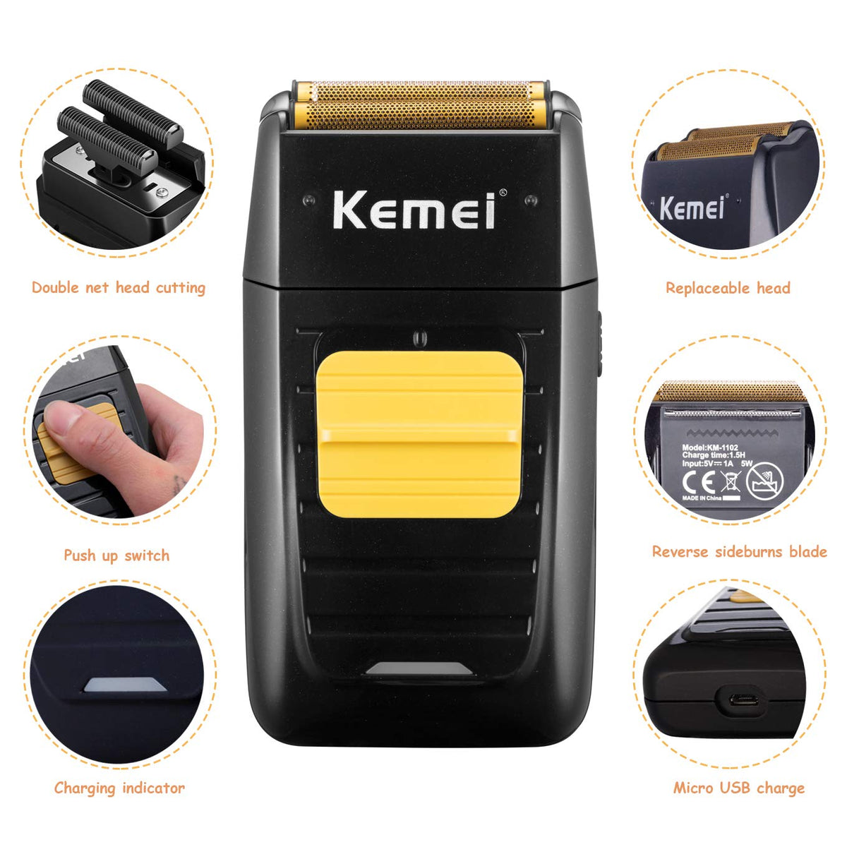 KEMEI Foil Shaver back view with integrated beard trimmer for detailing