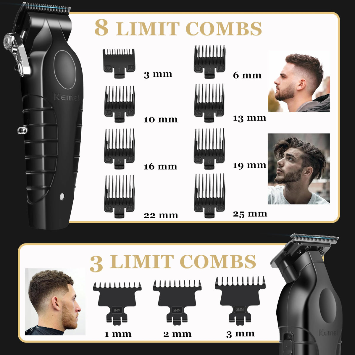 KEMEI assortment of guide combs for versatile lengths.
