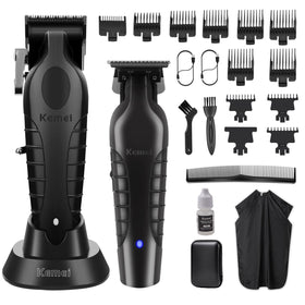 KEMEI hair clippers and trimmers set front view showing complete cordless grooming kit for families