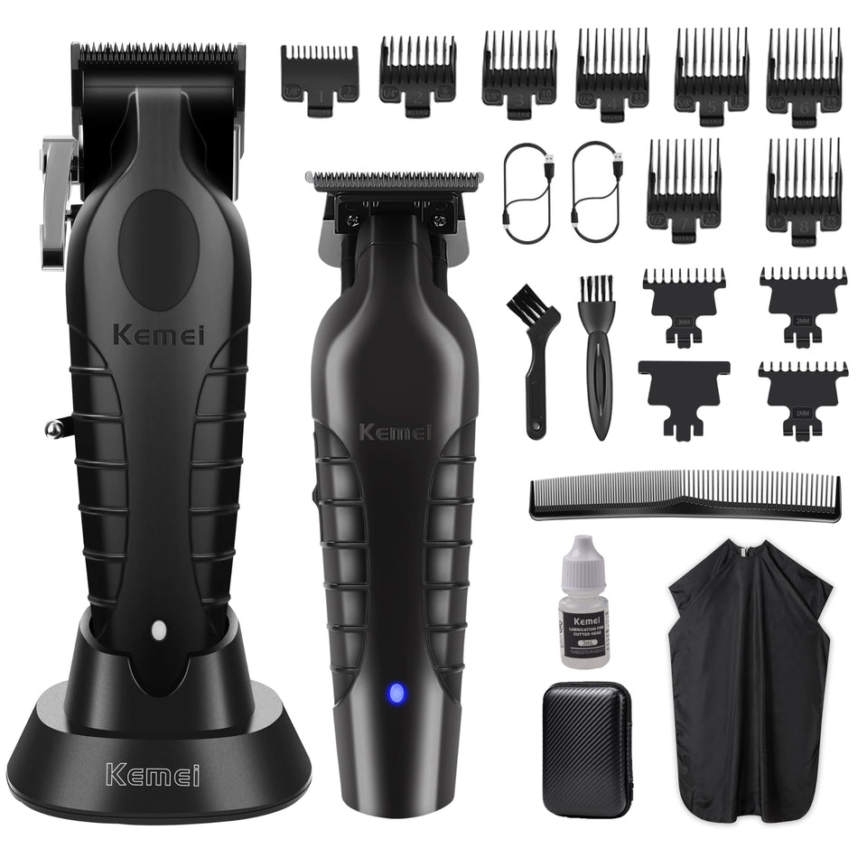 KEMEI hair clippers and trimmers set front view showing complete cordless grooming kit for families