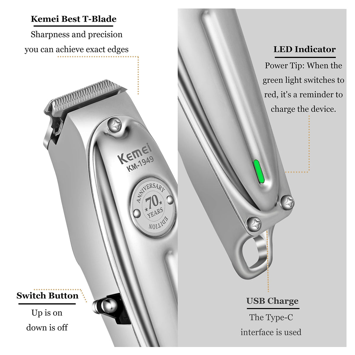 KEMEI 1949 cordless design enables flexible barbering anywhere.