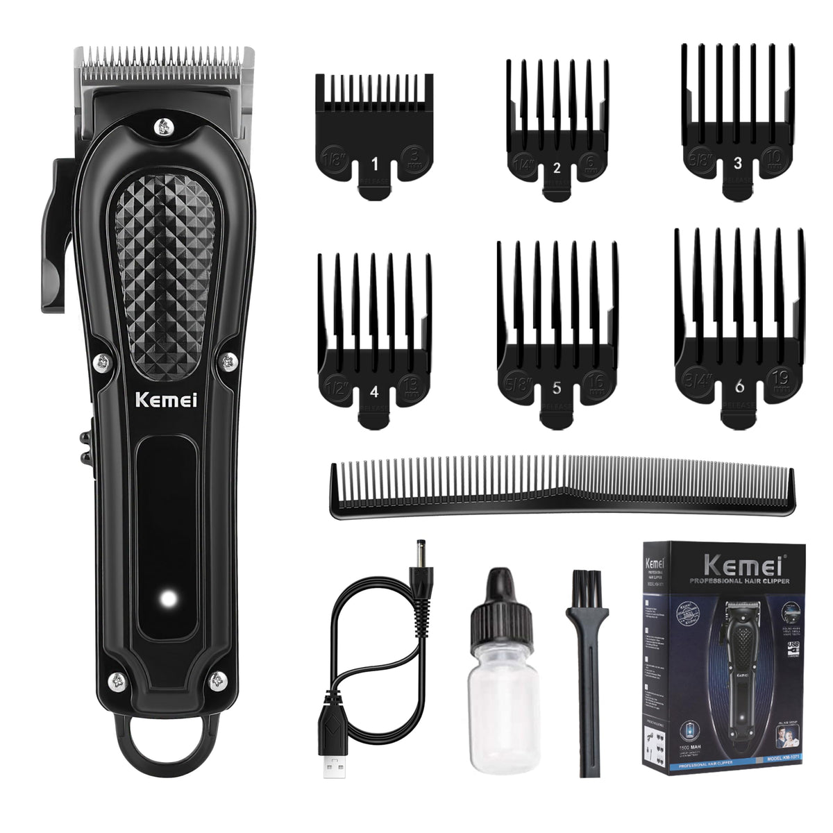 KEMEI professional hair clipper kit with guard attachments for precise home grooming.