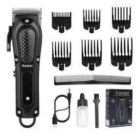 KEMEI professional hair clipper kit with guard attachments for precise home grooming.