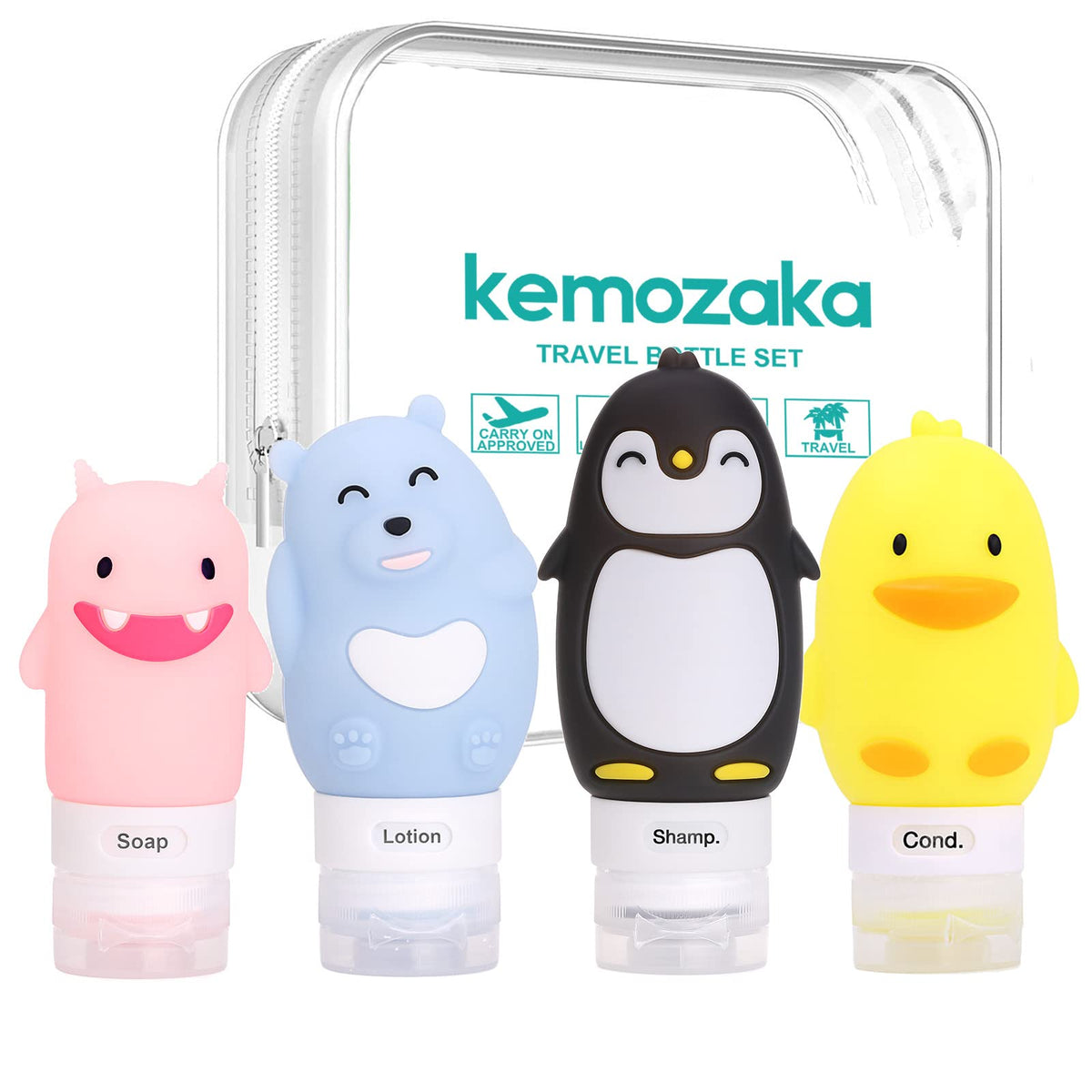 Kemozaka cute animal design travel bottles in a four-pack for organized toiletries on the go.