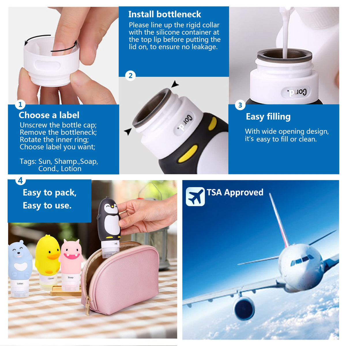 Kemozaka TSA-approved travel bottles in a compact set for carry-on use.
