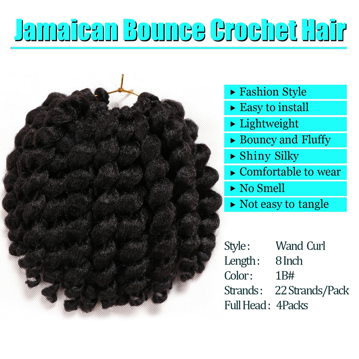 Kenkenten Jumpy Wand Curl crochet hair, 8 inch, natural look.