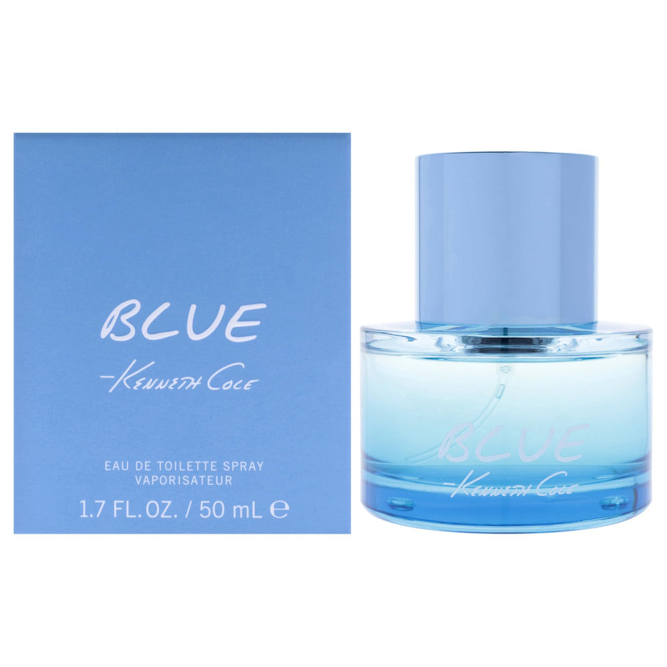 Kenneth Cole Blue eau de toilette spray bottle, 1.7 oz, compact for travel.