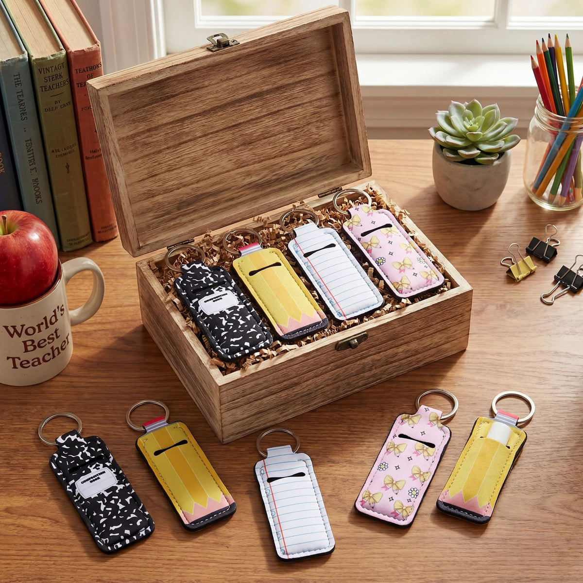 Kenning lip balm sleeve keychain on bag; keeps lip care handy.