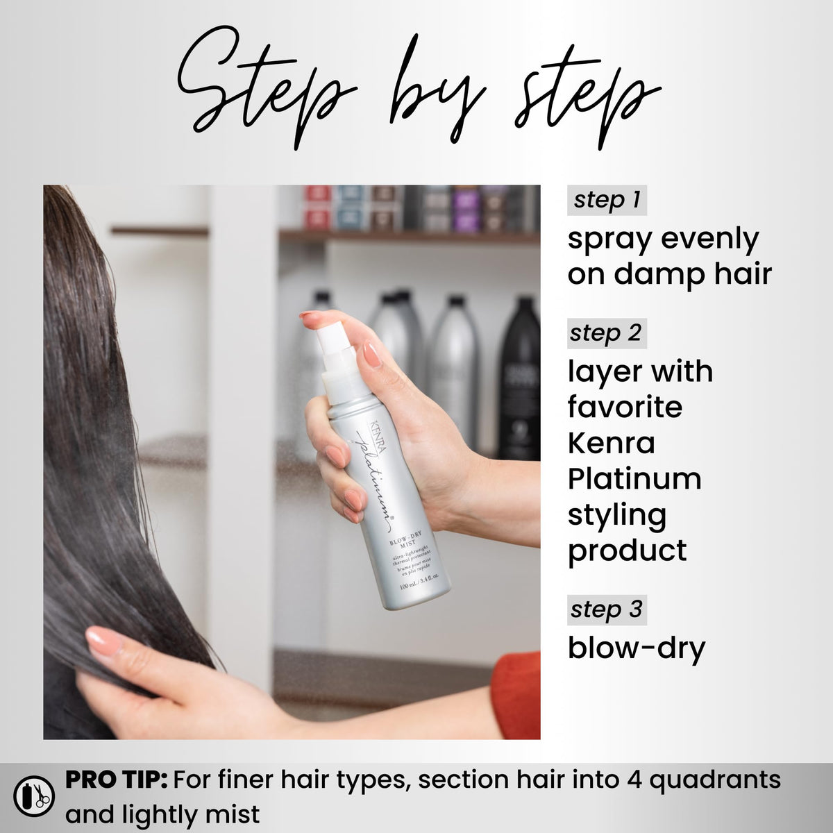 Kenra Platinum Blow-Dry Mist bottle with pump enables easy, controlled application
