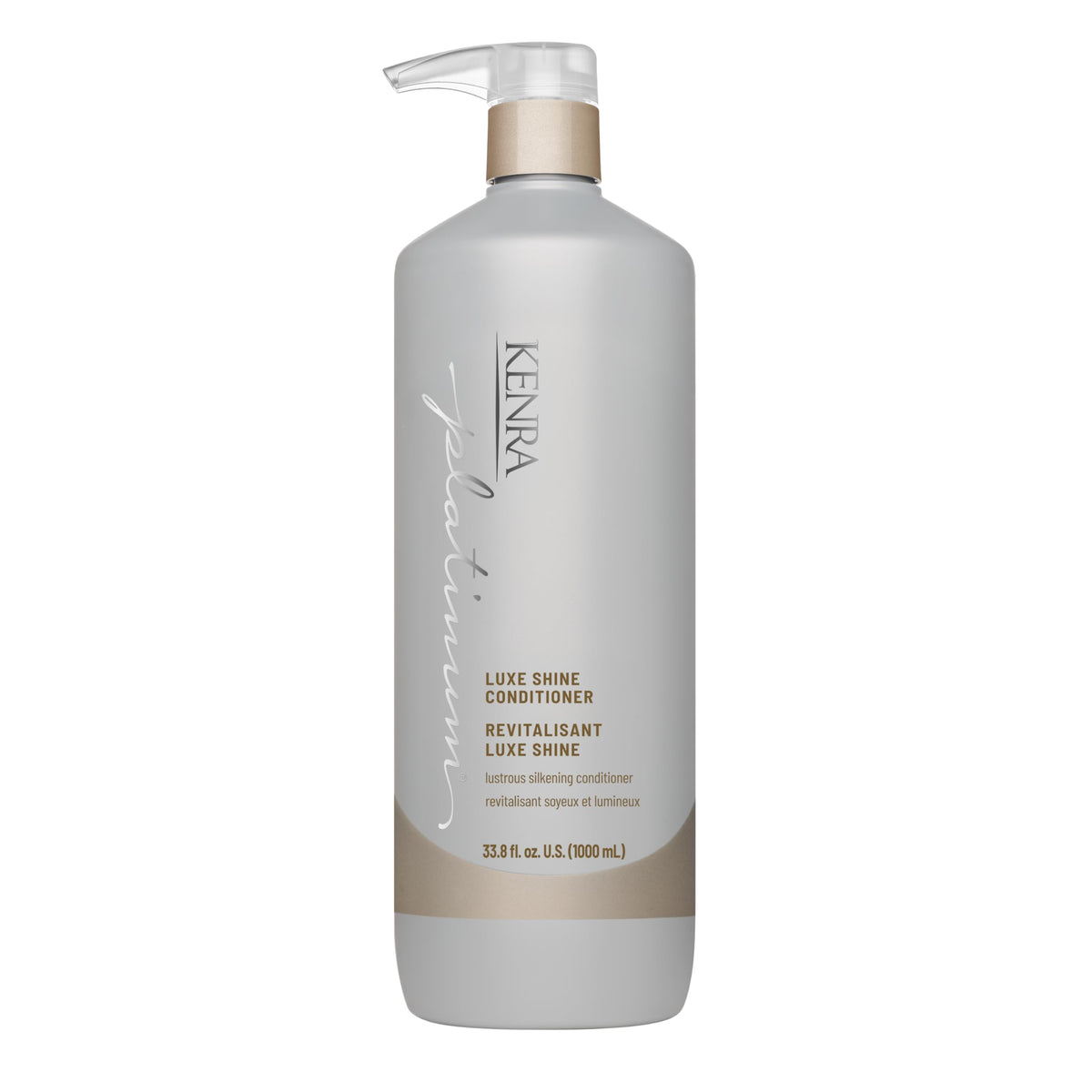 Kenra Platinum Luxe Shine Conditioner bottle highlighting high gloss and hydration for smooth hair.