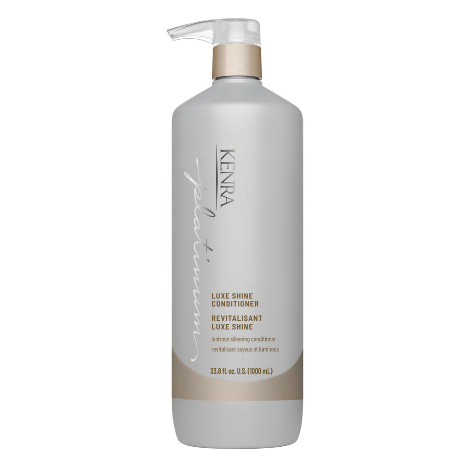Kenra Platinum Luxe Shine Conditioner bottle highlighting high gloss and hydration for smooth hair.