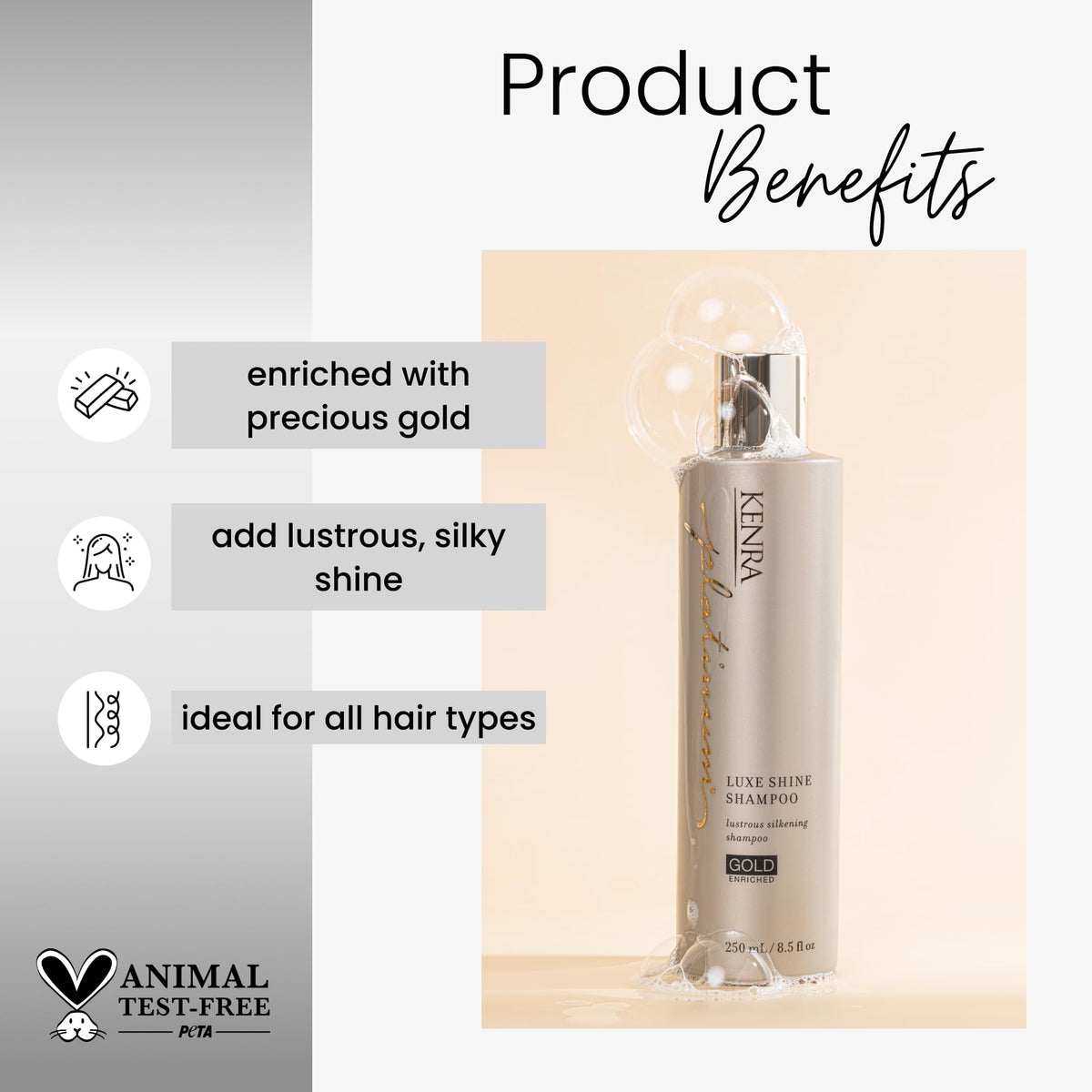 Kenra Platinum Luxe Shine Shampoo rich lather close-up for daily use and silkiness.