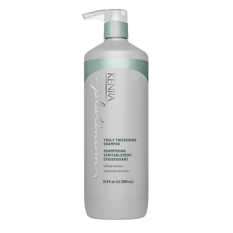 Kenra Platinum Truly Thickening Shampoo bottle pour shows instant root fullness