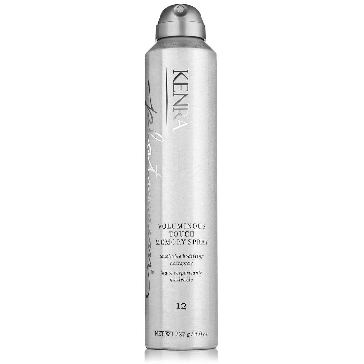 Kenra Platinum Voluminous Touch Memory Spray 12 bottle misting evenly for lasting volume.