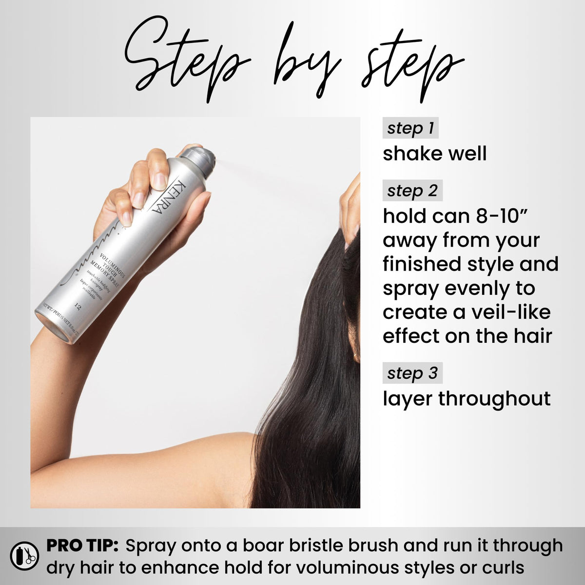Kenra Platinum Voluminous Touch Memory Spray 12 mist dispersion near roots for added lift.