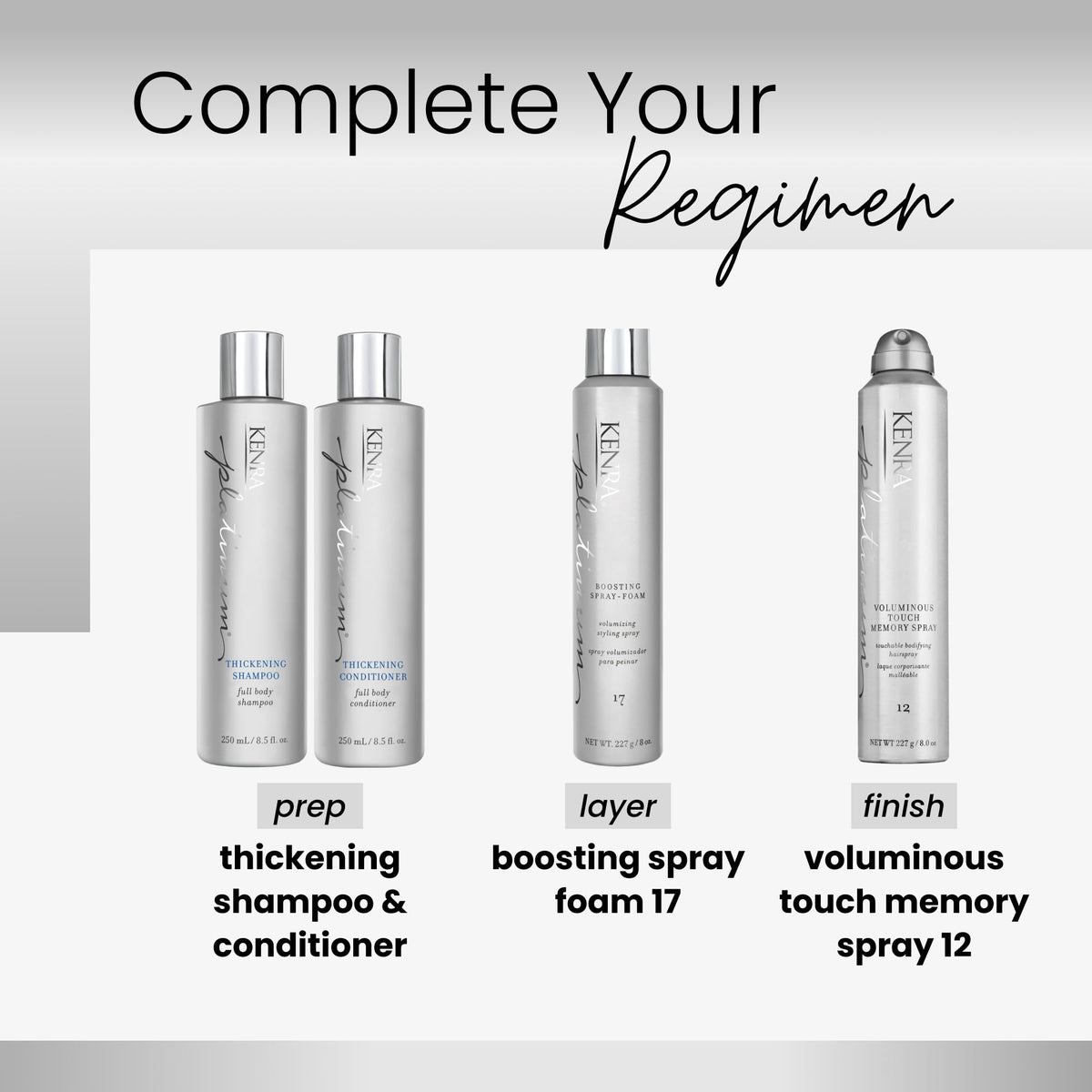 Kenra Platinum Voluminous Touch Memory Spray 12 packaging signals premium styling.