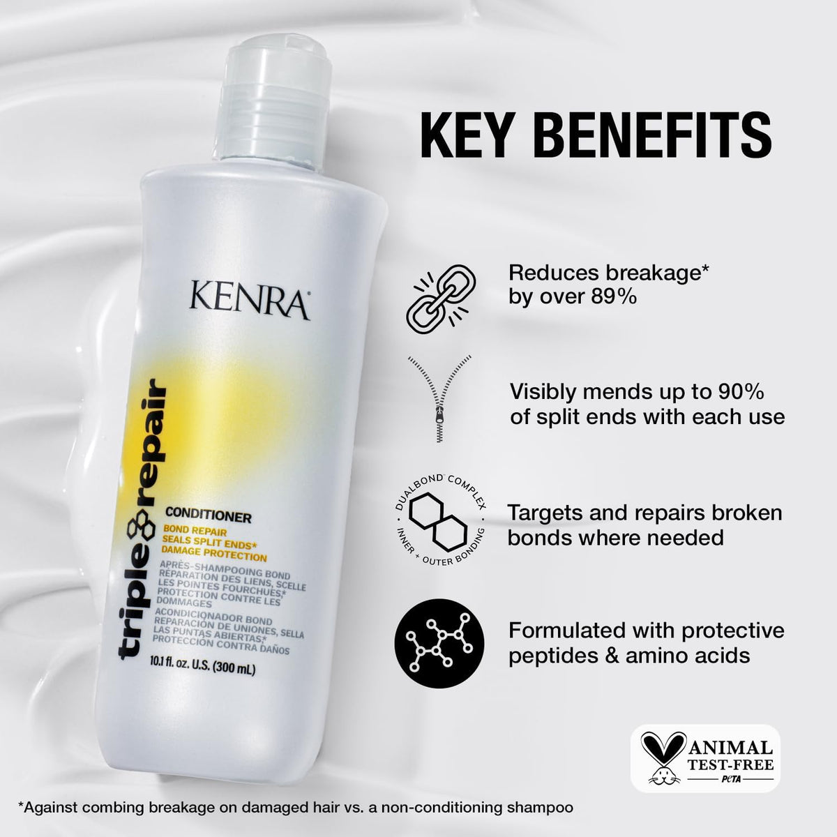 Kenra Triple Repair Conditioner rinse illustrating sealed cuticles for smoother hair.