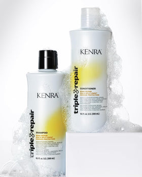 Kenra Triple Repair peptides closeup emphasizes strengthening formula.