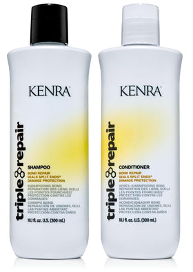 Kenra Triple Repair Shampoo bottle pour demonstrates bond repair and gentle cleansing.