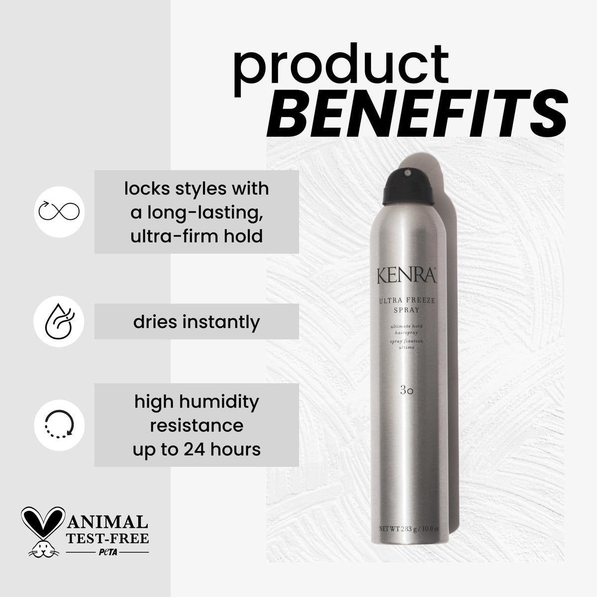 Kenra Ultra Freeze Spray 30 front-view bottle shows fast-drying styling solution.