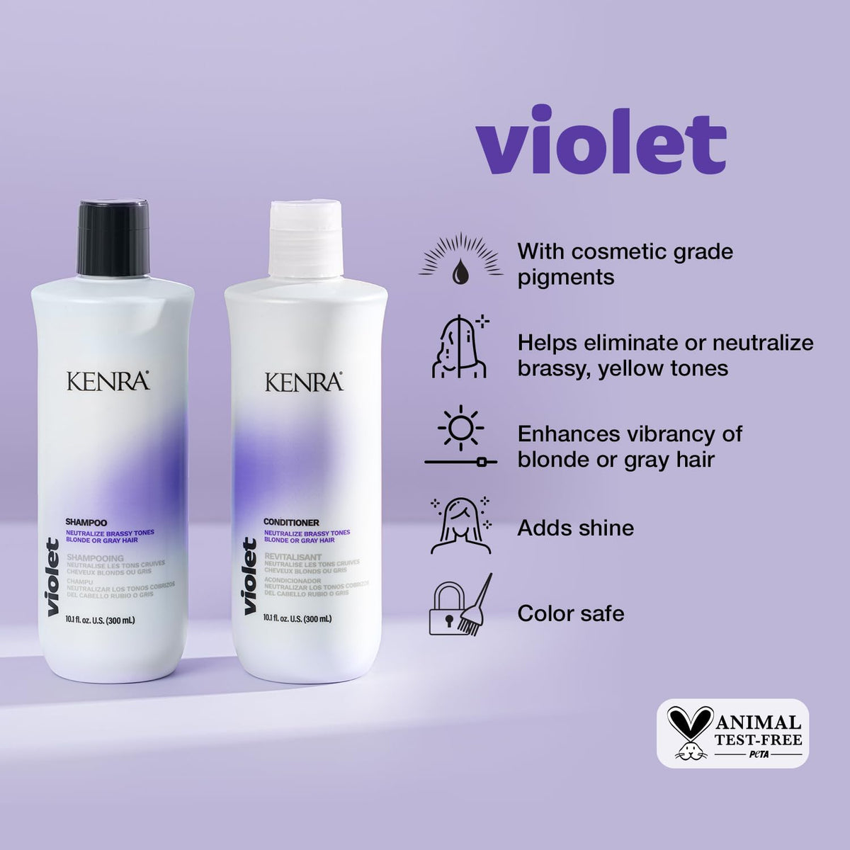 Kenra Violet Conditioner bottle back showing moisture and detangling benefits.