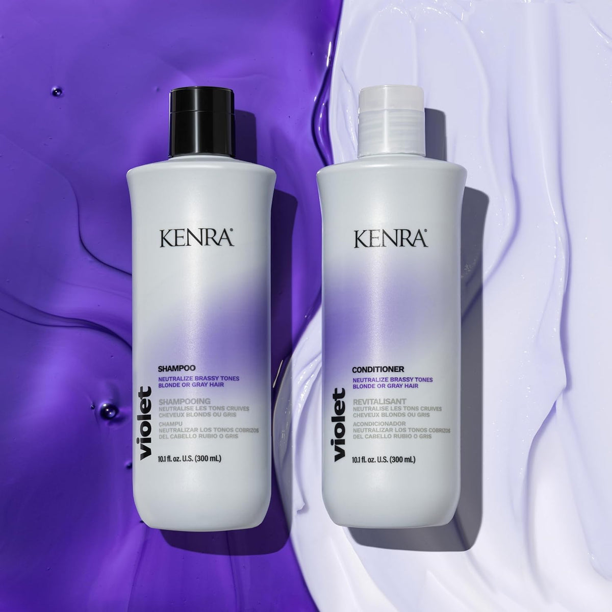 Shampoo and conditioner on a vanity with blonde hair model.