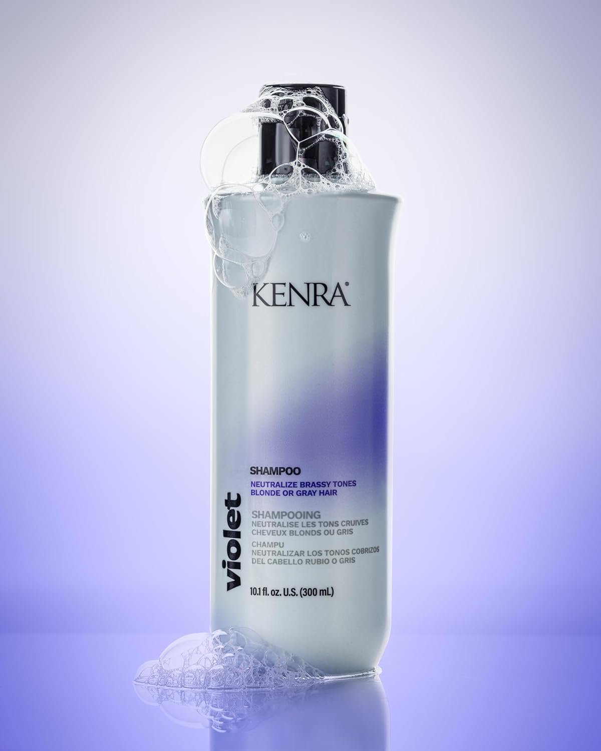 Close-up of purple pigment deposit in Kenra Violet Shampoo.