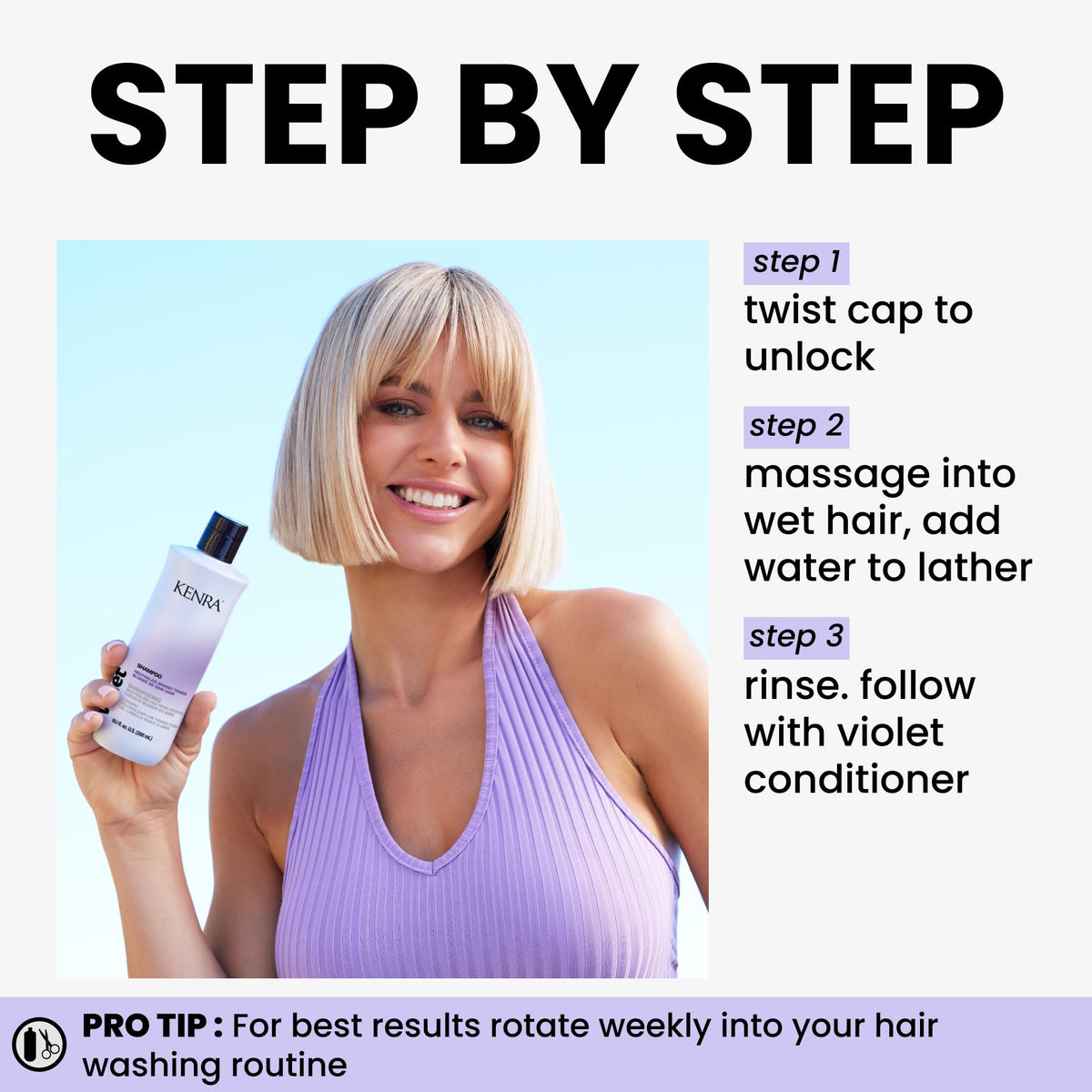 Kenra Violet Shampoo moisturizes processed hair for easier styling and manageability.
