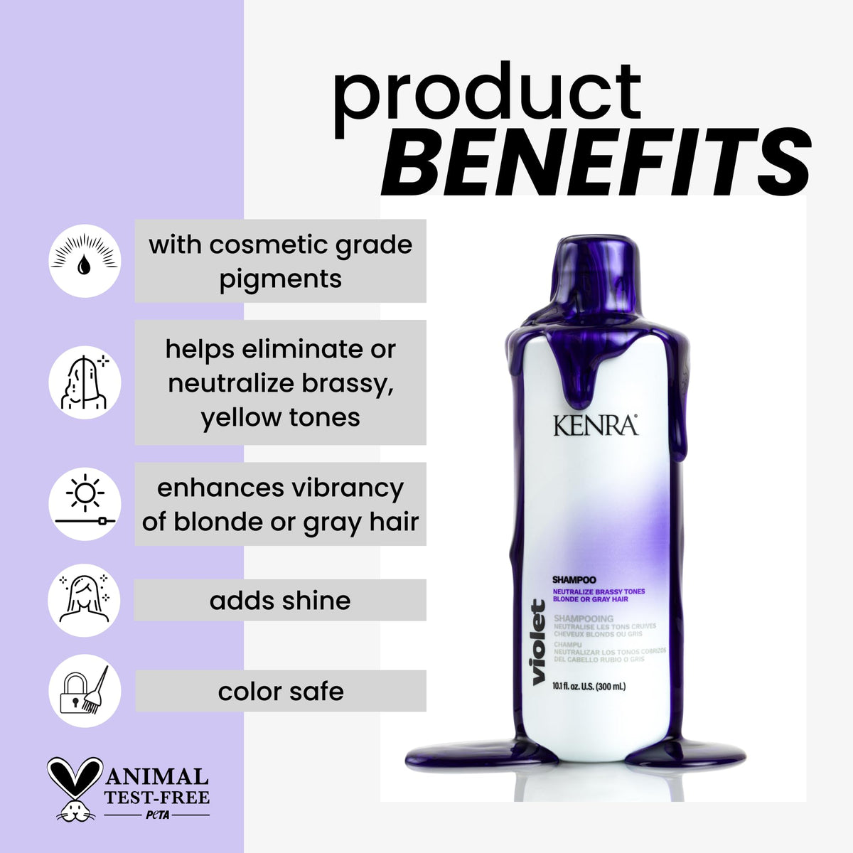 Kenra Violet Shampoo boosts vibrancy with purple pigment on blonde and gray hair.