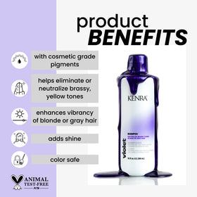 Kenra Violet Shampoo boosts vibrancy with purple pigment on blonde and gray hair.
