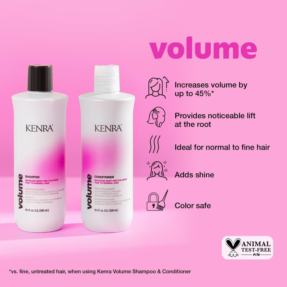Kenra Volume Conditioner bottle close-up emphasizing detangling and lightweight hydration.