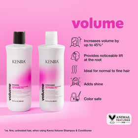 Kenra Volume Conditioner bottle close-up emphasizing detangling and lightweight hydration.