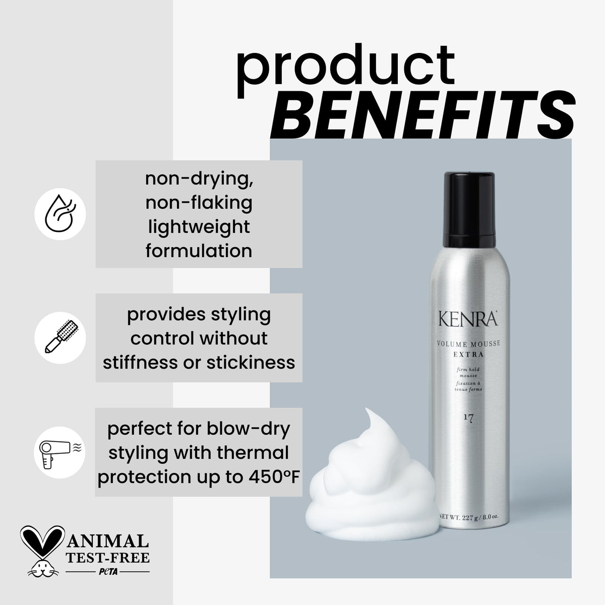 Kenra Volume Mousse Extra 17 two-pack display for kits and sharing.